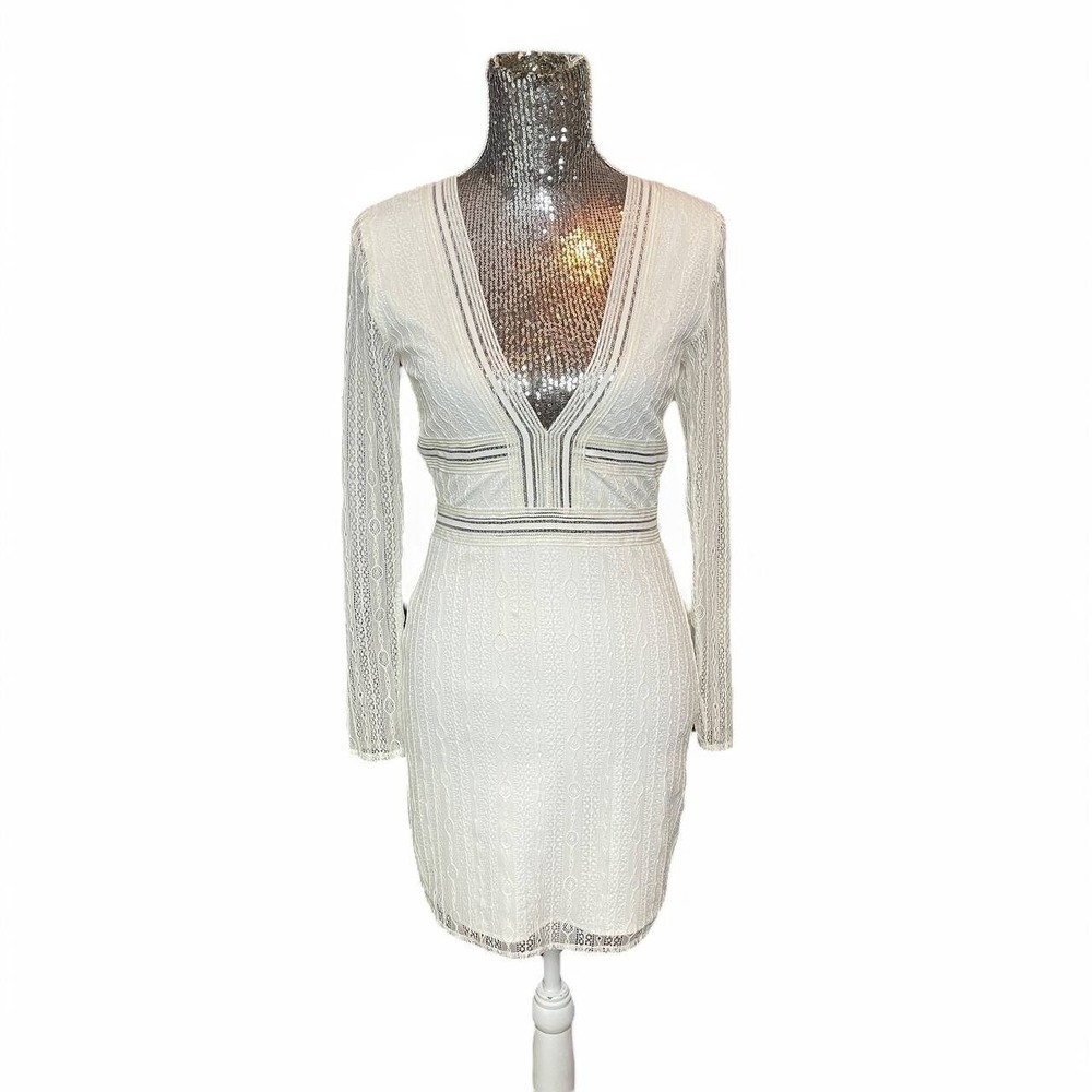 White Lace Bodycon Mini Dress‎ Medium Long Sleeve Fitted Party Cocktail Date
